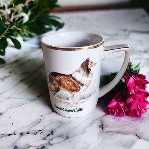 Vintage ROUGH-COATED COLLIE Coffee‎ Mug Knobler Gold Trim